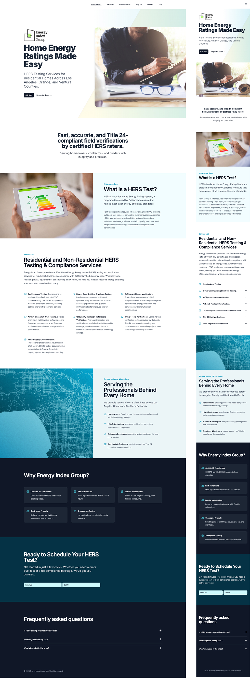 The full marketing site walks visitors from 'What is a HERS Test?'           through the residential and non-residential testing services, the           serviced industries, a 'Why Energy Index Group?' value section, an FAQ,           and a final scheduling CTA — all in one focused single-page flow.