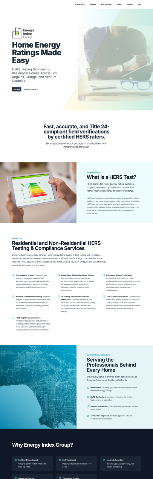 The full marketing site walks visitors from 'What is a HERS Test?'           through the residential and non-residential testing services, the           serviced industries, a 'Why Energy Index Group?' value section, an FAQ,           and a final scheduling CTA — all in one focused single-page flow.